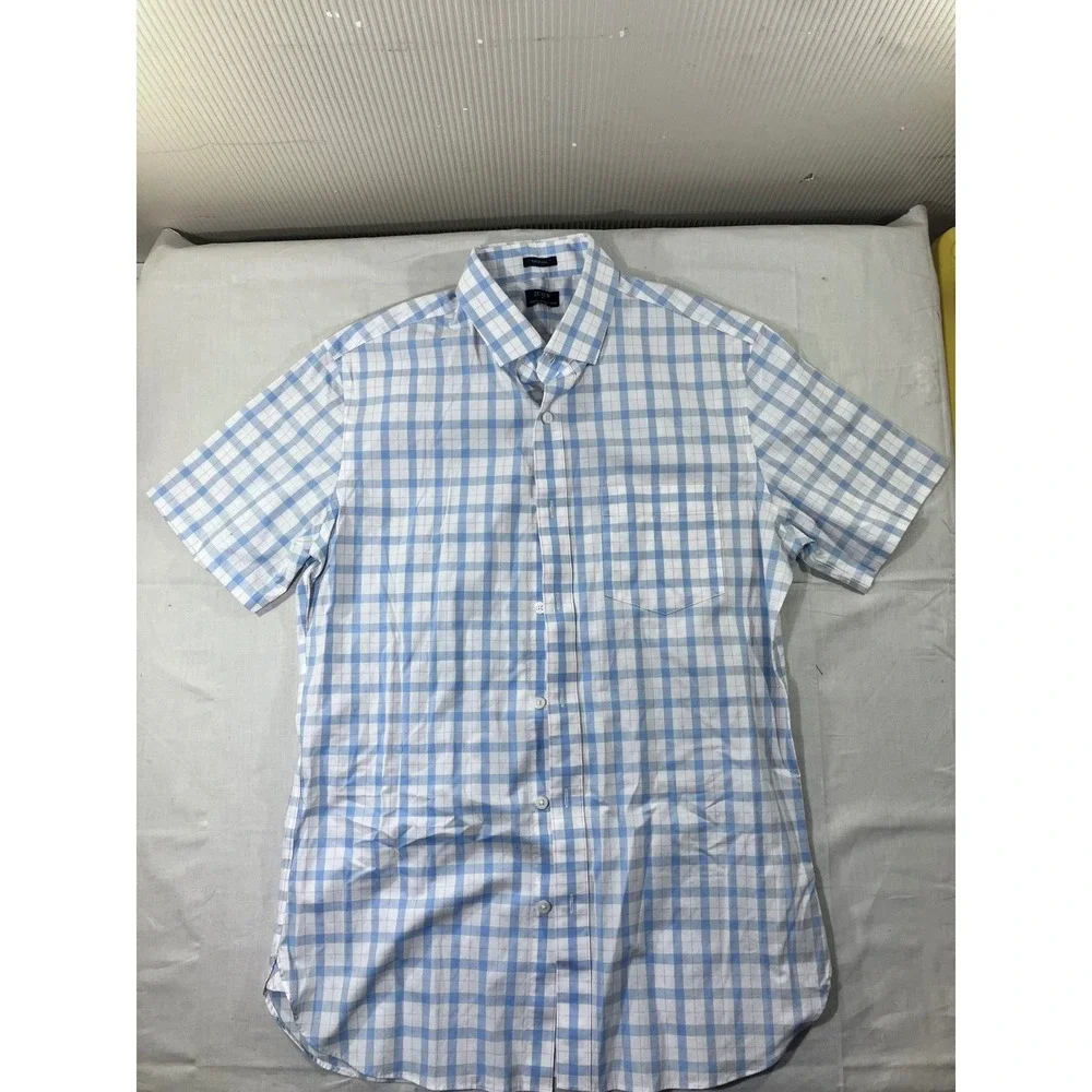 J Crew Thompson‎ Stretch Wrinkle Free Mens Short Sleeve Dress Shirt Blue White